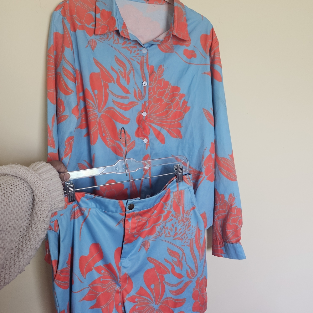 Blue and Red Floral Button-Up Shirt and Skirt Set